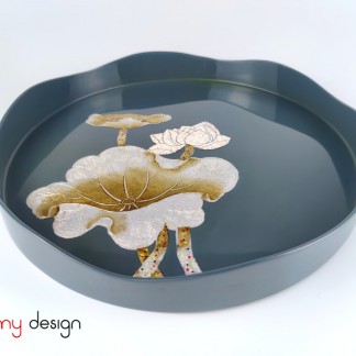 Round lacquer tray hand-painted with lotus 33 cm